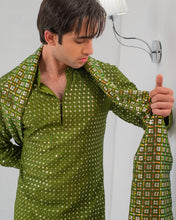 Load image into Gallery viewer, Green Embroidery Kurta With Bell Bottom Pajama + Shawl For Men's