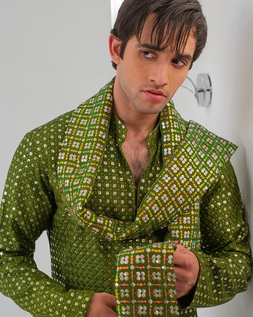 Green Embroidery Kurta With Bell Bottom Pajama + Shawl For Men's