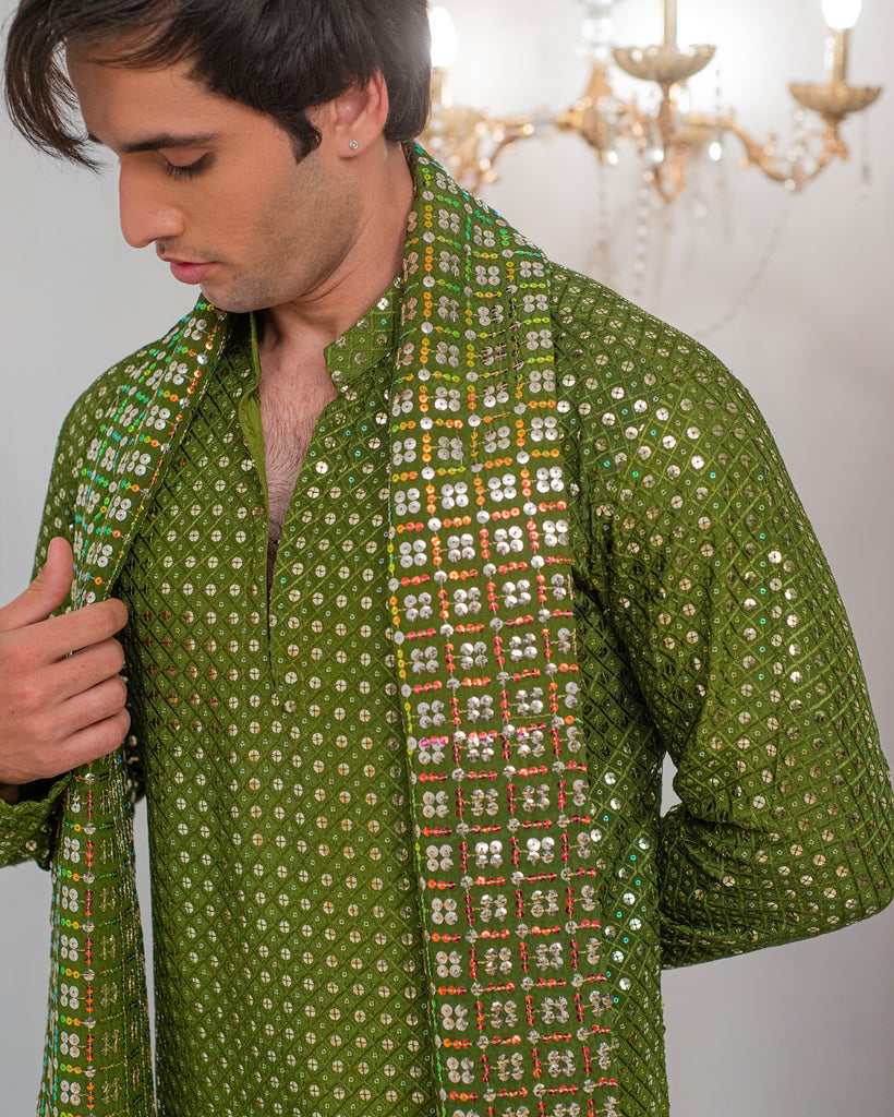Green Embroidery Kurta With Bell Bottom Pajama + Shawl For Men's