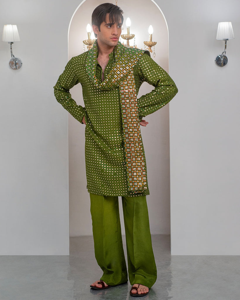 Green Embroidery Kurta With Bell Bottom Pajama + Shawl For Men's