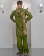 Load image into Gallery viewer, Green Embroidery Kurta With Bell Bottom Pajama + Shawl For Men's