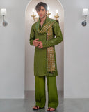 Green Embroidery Kurta With Bell Bottom Pajama + Shawl For Men's