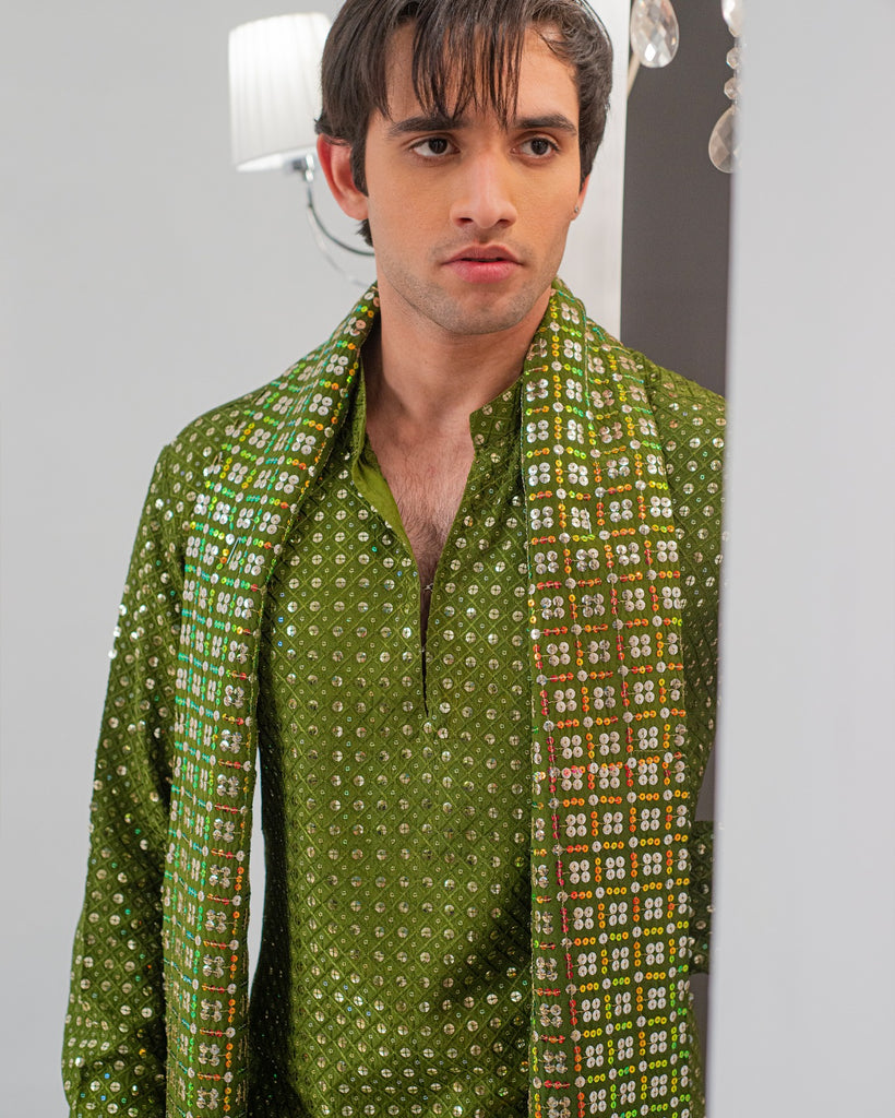 Green Embroidery Kurta With Bell Bottom Pajama + Shawl For Men's