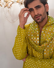 Load image into Gallery viewer, Yellow Mustard Embroidery Kurta With Bell Bottom Pajama + Shawl For Men's
