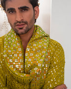 Yellow Mustard Embroidery Kurta With Bell Bottom Pajama + Shawl For Men's