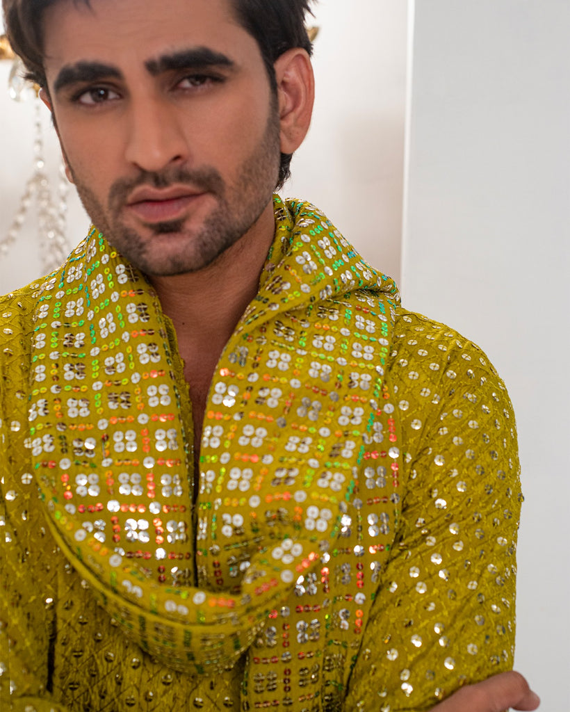 Yellow Mustard Embroidery Kurta With Bell Bottom Pajama + Shawl For Men's