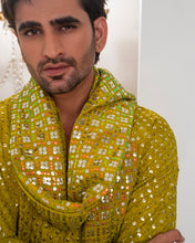 Load image into Gallery viewer, Yellow Mustard Embroidery Kurta With Bell Bottom Pajama + Shawl For Men's