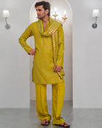 Yellow Mustard Embroidery Kurta With Bell Bottom Pajama + Shawl For Men's
