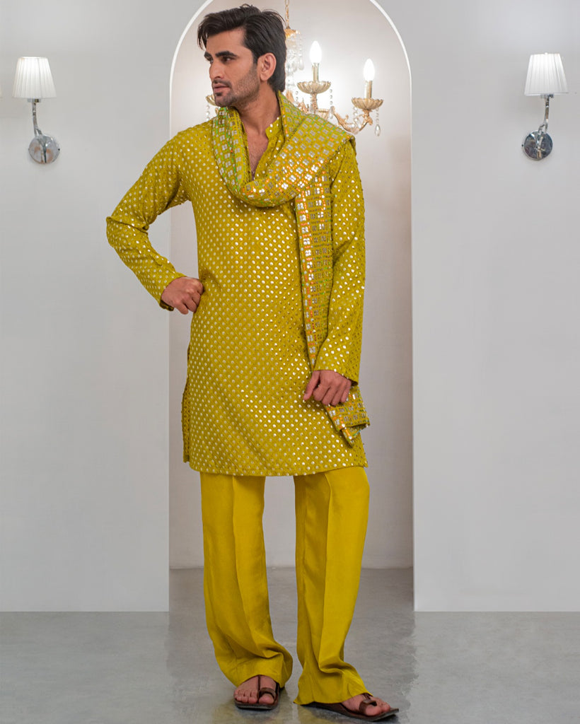 Yellow Mustard Embroidery Kurta With Bell Bottom Pajama + Shawl For Men's