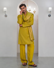 Load image into Gallery viewer, Yellow Mustard Embroidery Kurta With Bell Bottom Pajama + Shawl For Men's