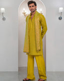 Yellow Mustard Embroidery Kurta With Bell Bottom Pajama + Shawl For Men's