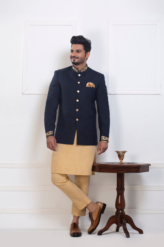 Navy Blue Sequence Embroidery Prince Coat For Men's