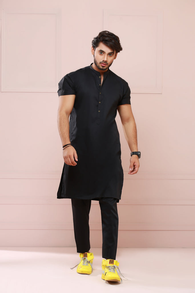 Black Half Sleeves Kurta Pajama For Men's