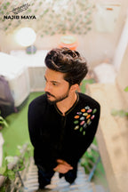 Black Velvet Front Hand Work Embroidered Kurta Pajama  For Men's