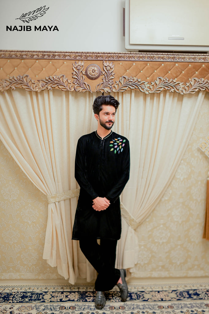 Black Velvet Front Hand Work Embroidered Kurta Pajama  For Men's