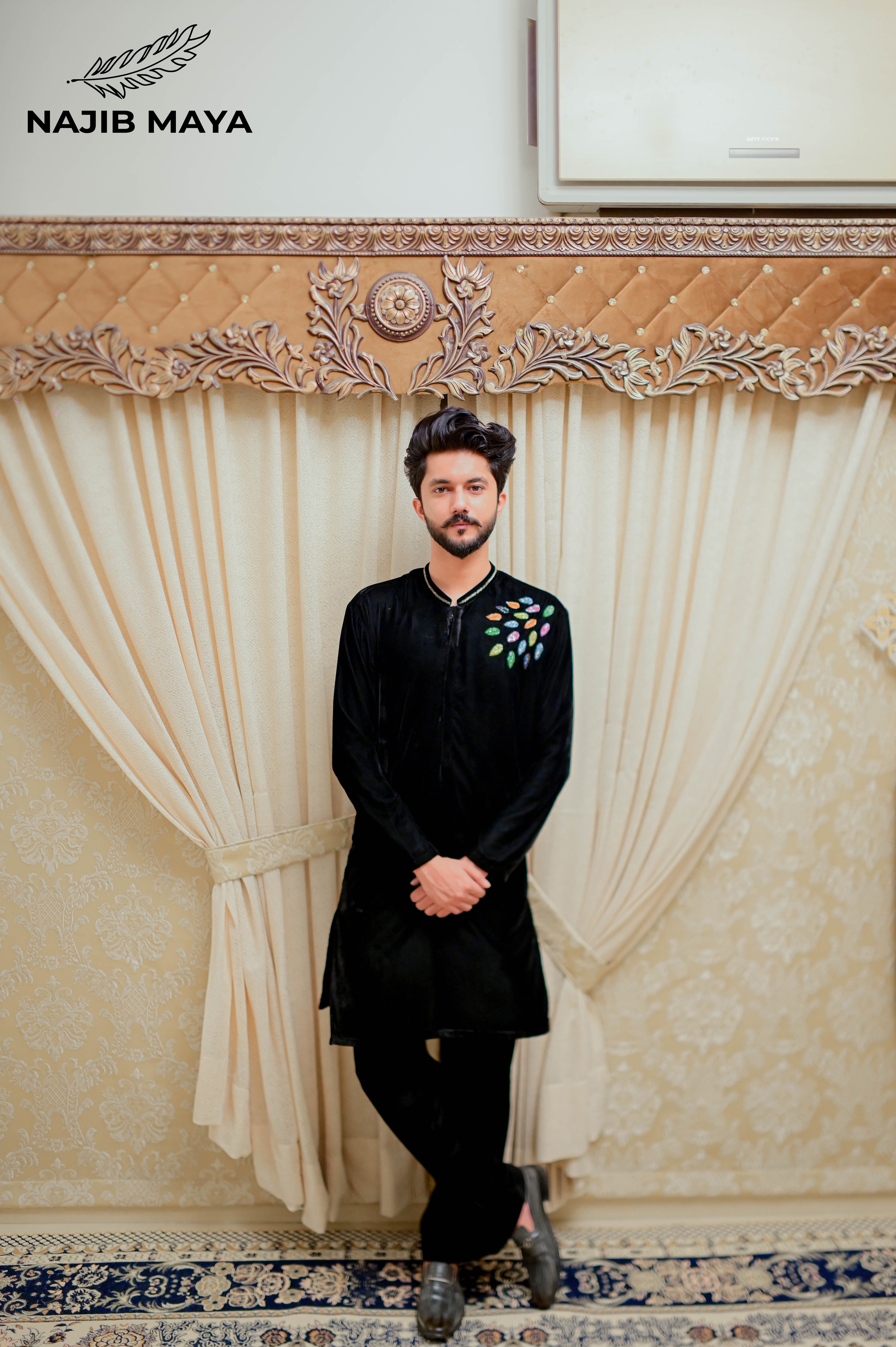 Black Velvet Front Hand Work Embroidered Kurta Pajama  For Men's Main image