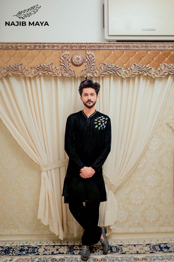 Black Velvet Front Hand Work Embroidered Kurta Pajama  For Men's