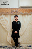 Black Velvet Front Hand Work Embroidered Kurta Pajama  For Men's