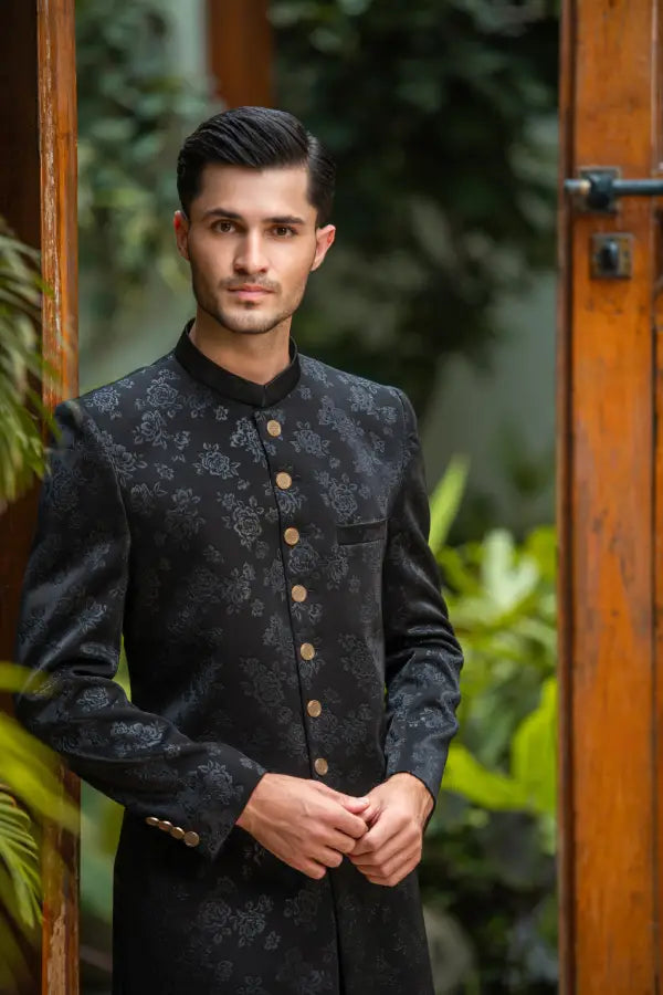 Black Self Sherwani with Bottom