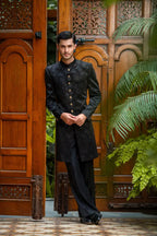 Black Self Sherwani with Bottom