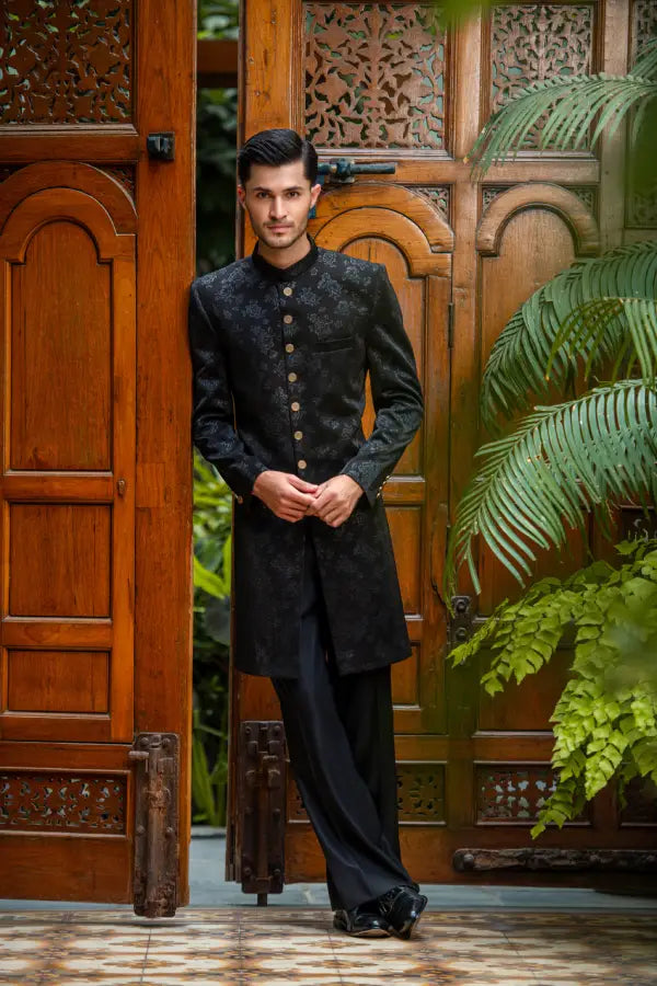 Black Self Sherwani with Bottom