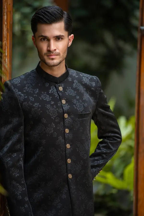 Black Self Sherwani with Bottom Secondary image