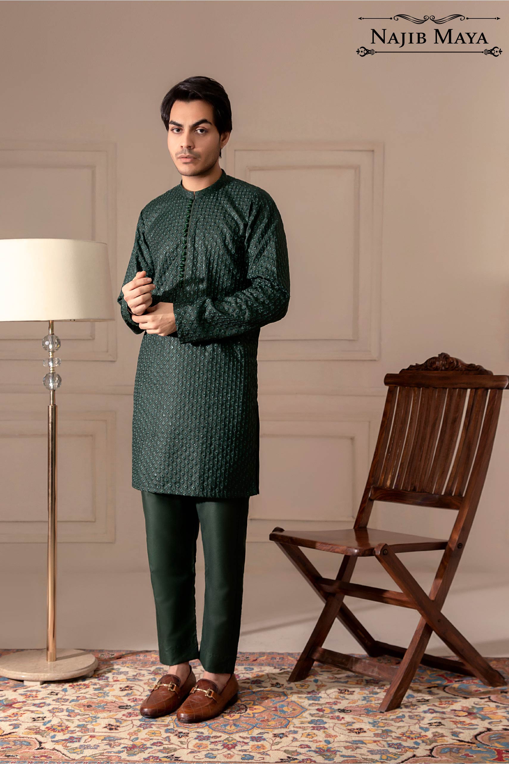Green Embroidered Kurta Pajama For Men's Main image