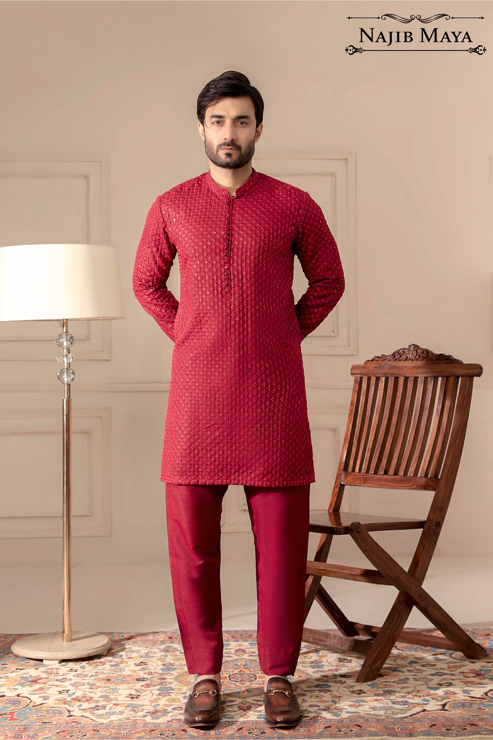 Maroon Embroidered Kurta Pajama For Men's Main image