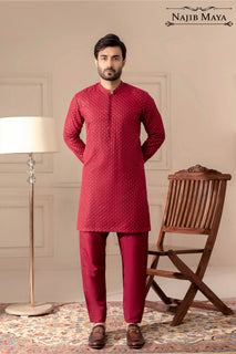 Maroon Embroidered Kurta Pajama For Men's