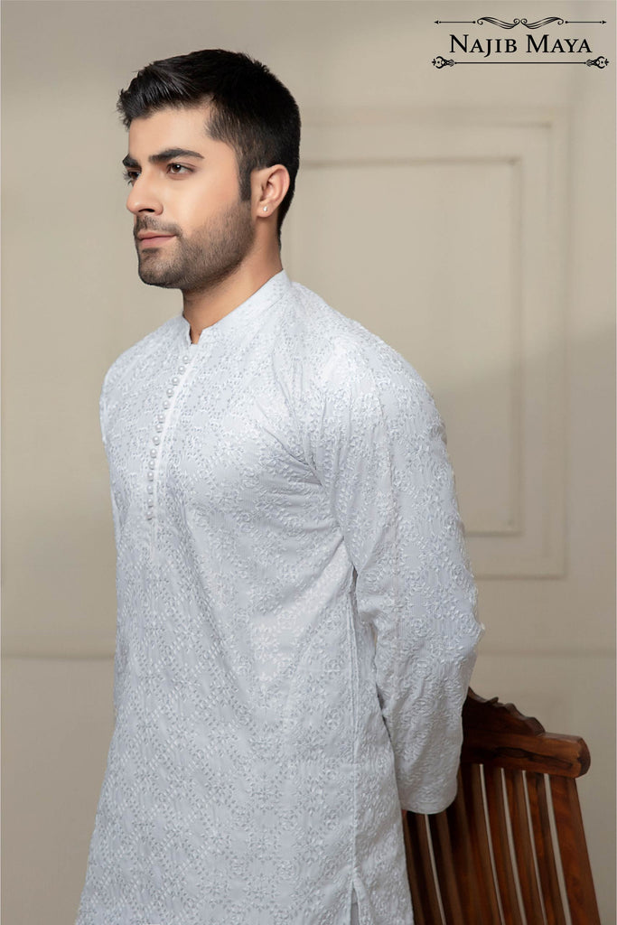 White Classy Embroidered Kurta Pajama For Men's