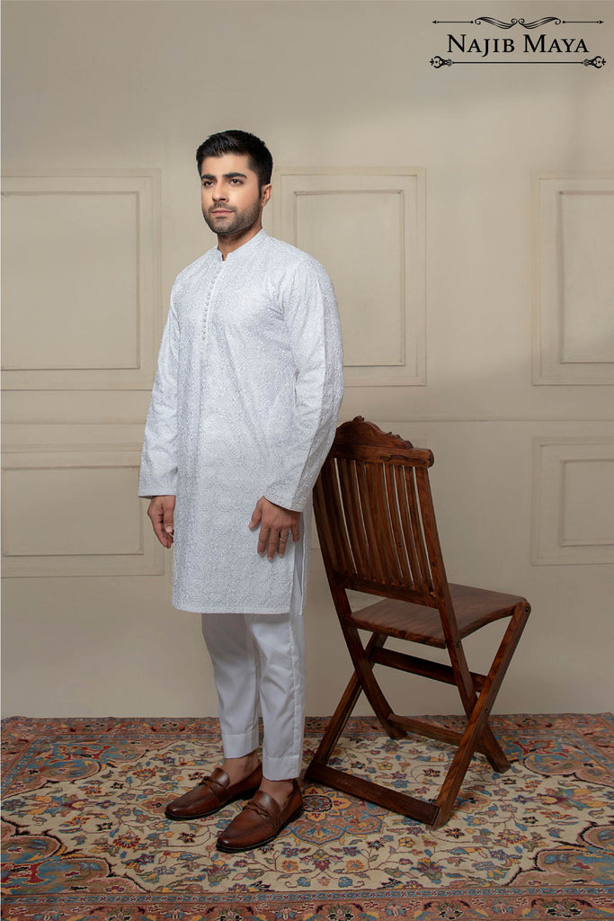 White Classy Embroidered Kurta Pajama For Men's