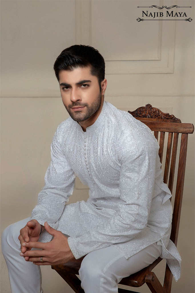 White Classy Embroidered Kurta Pajama For Men's