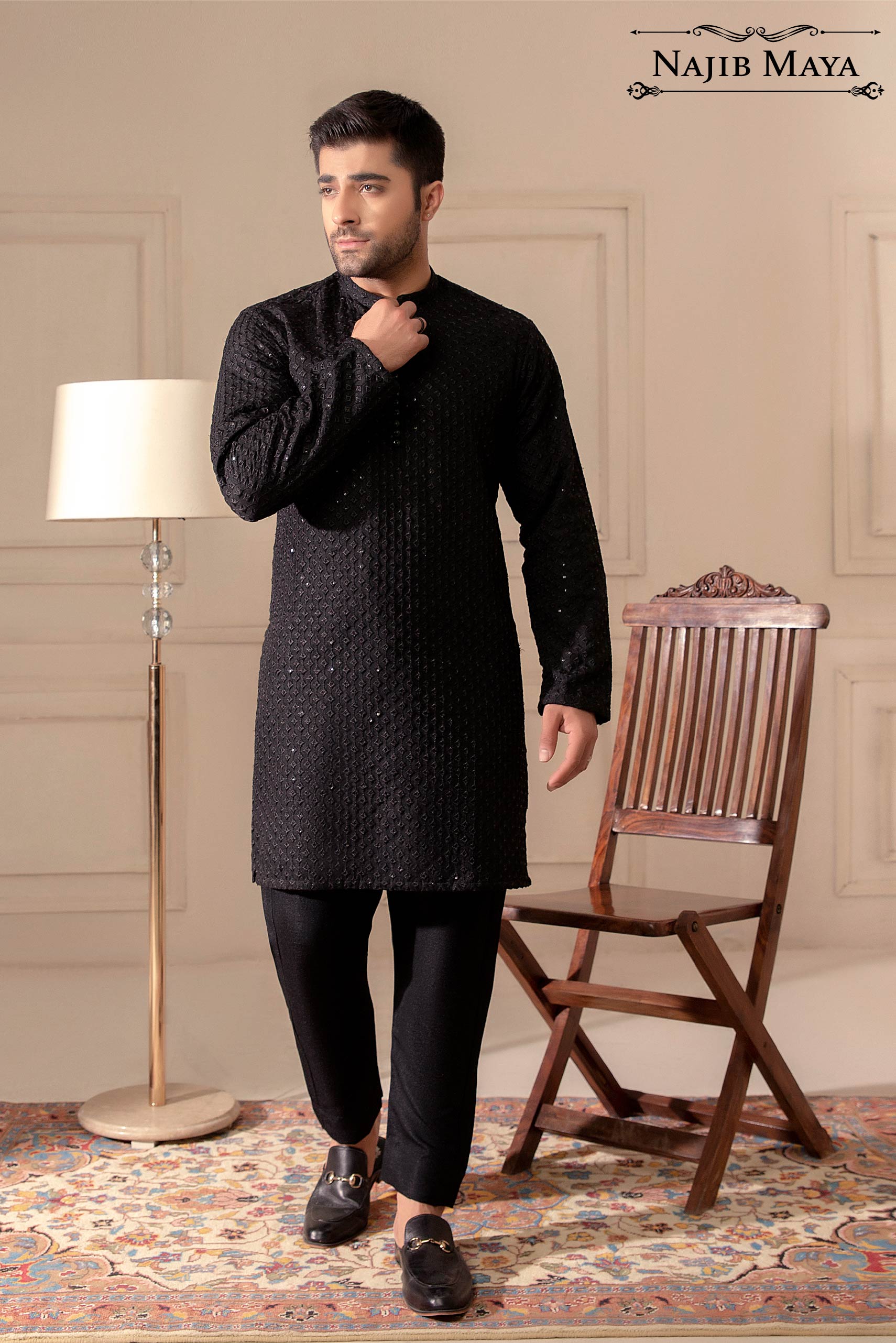 Black Embroidered Kurta Pajama For Men's Main image