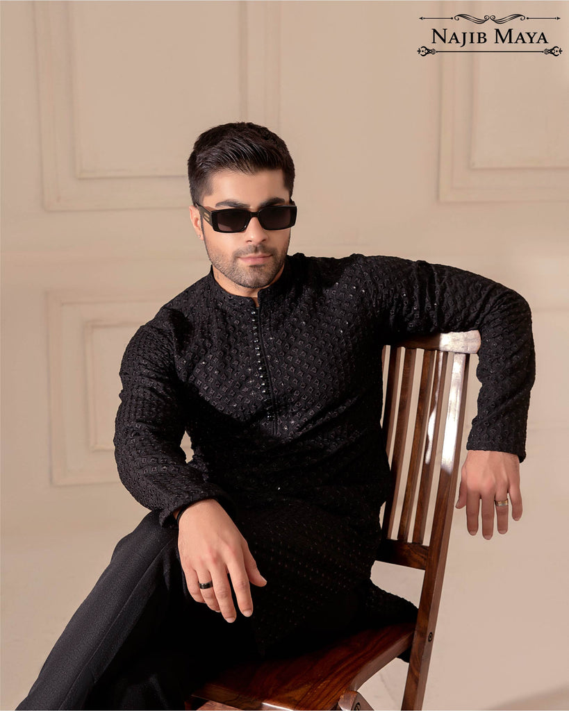 Black Embroidered Kurta Pajama For Men's