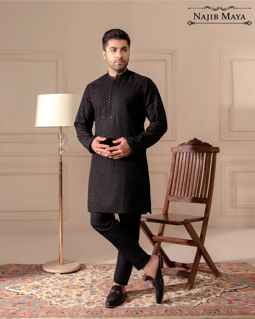 Black Embroidered Kurta Pajama For Men's