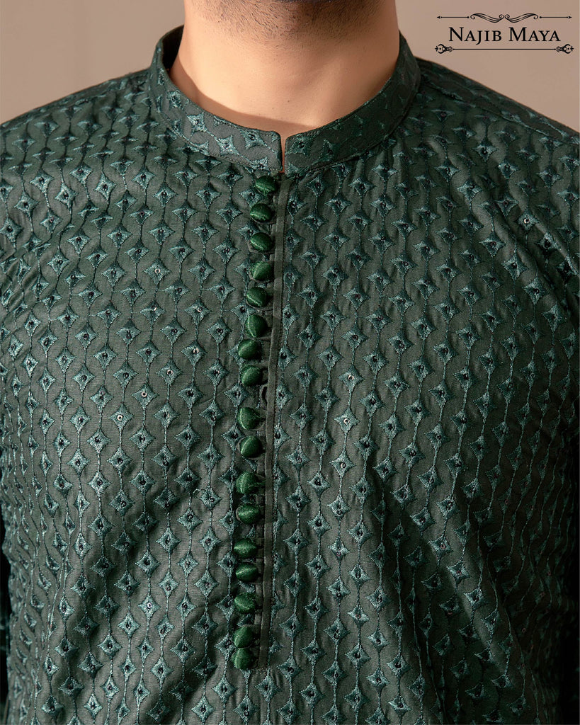 Green Embroidered Kurta Pajama For Men's