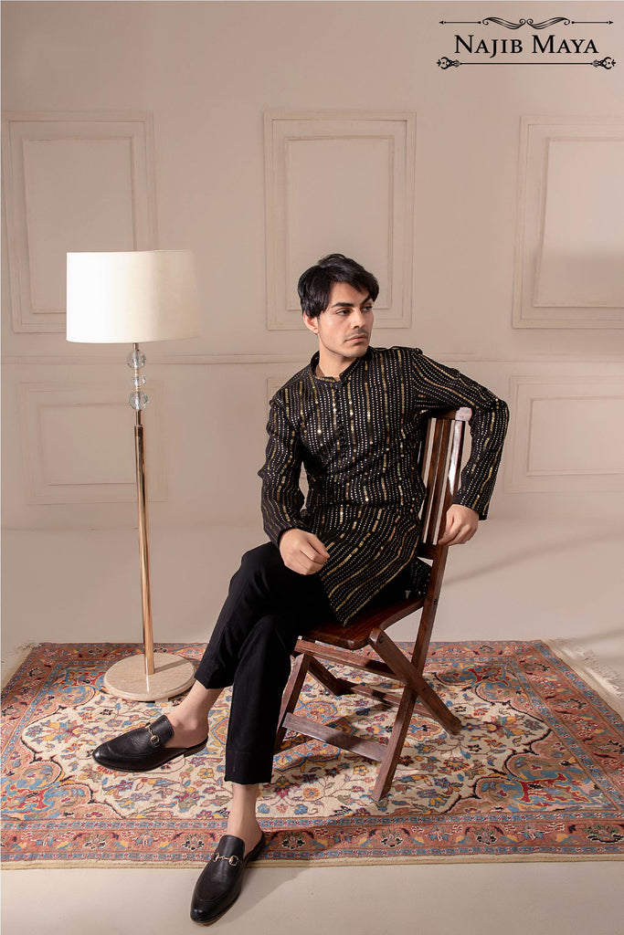 Black Sequence Embroidered Kurta Pajama For Men's