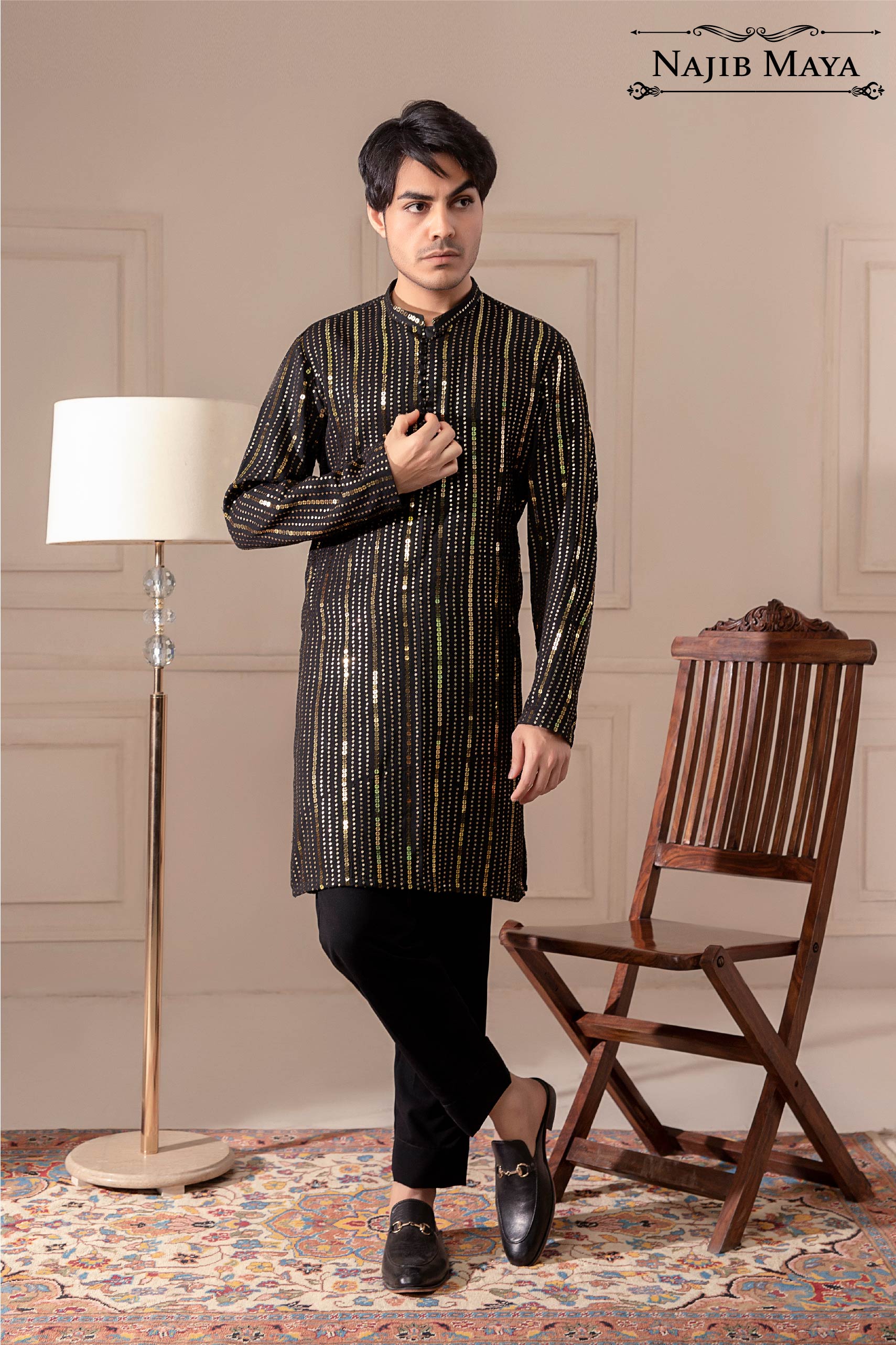Black Sequence Embroidered Kurta Pajama For Men's Main image