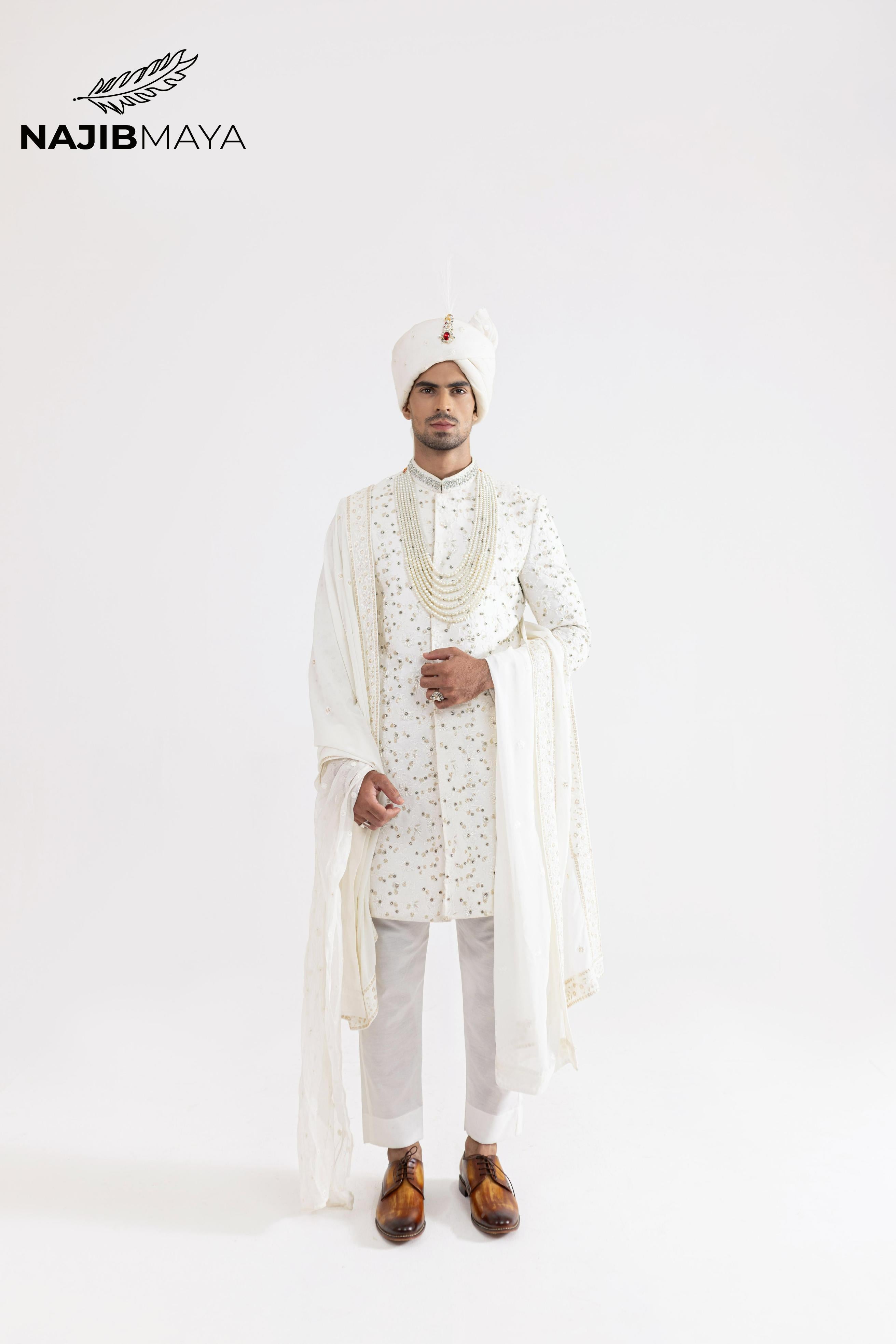 White Full Hand Work Sherwani For Men's Main image