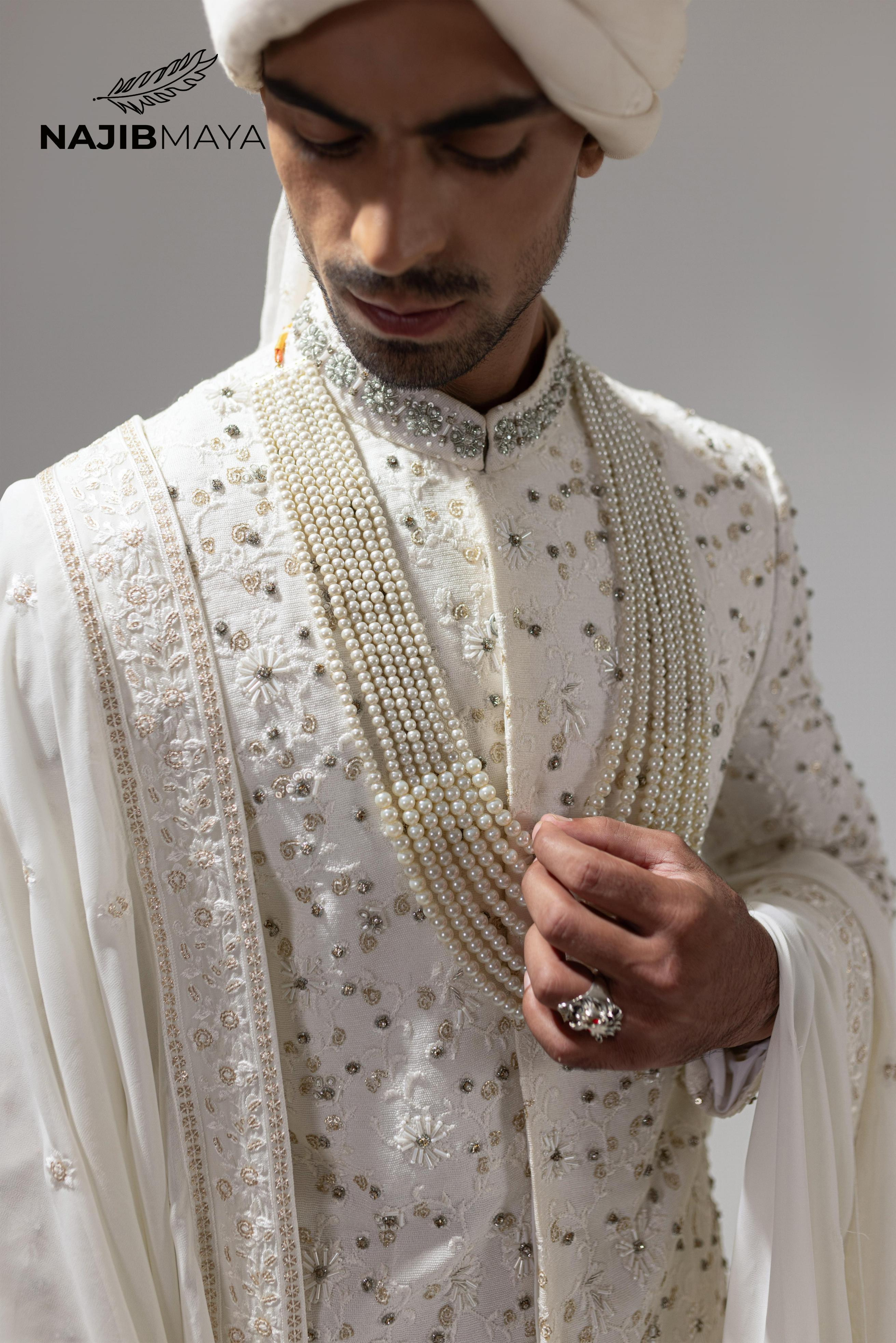 White Full Hand Work Sherwani For Men's