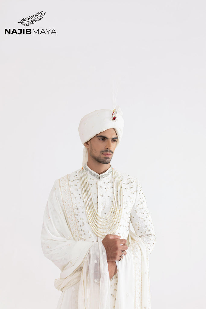 White Full Hand Work Sherwani For Men's