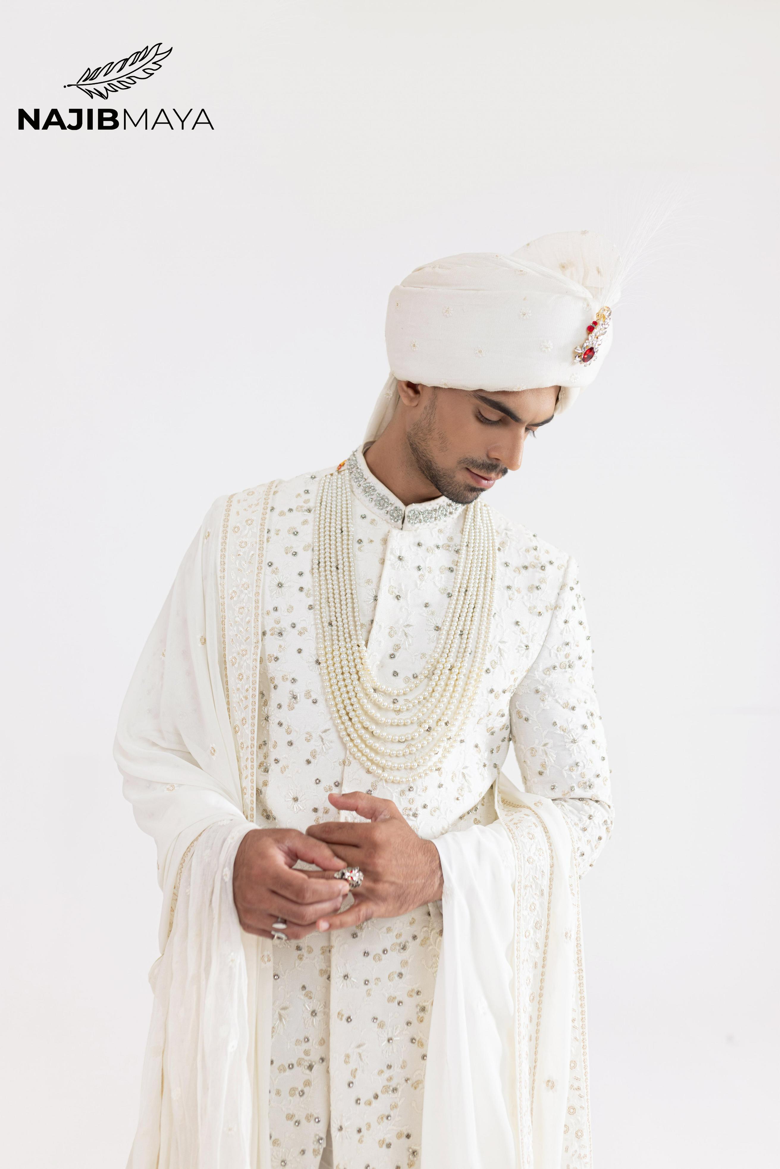 White Full Hand Work Sherwani For Men's Secondary image