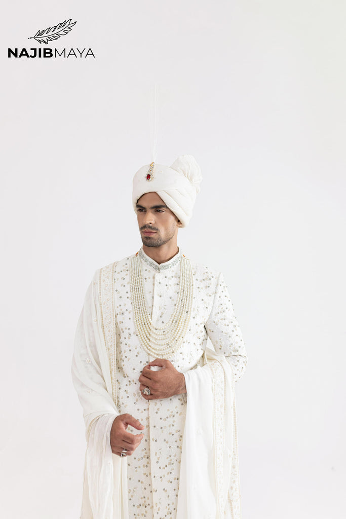 White Full Hand Work Sherwani For Men's