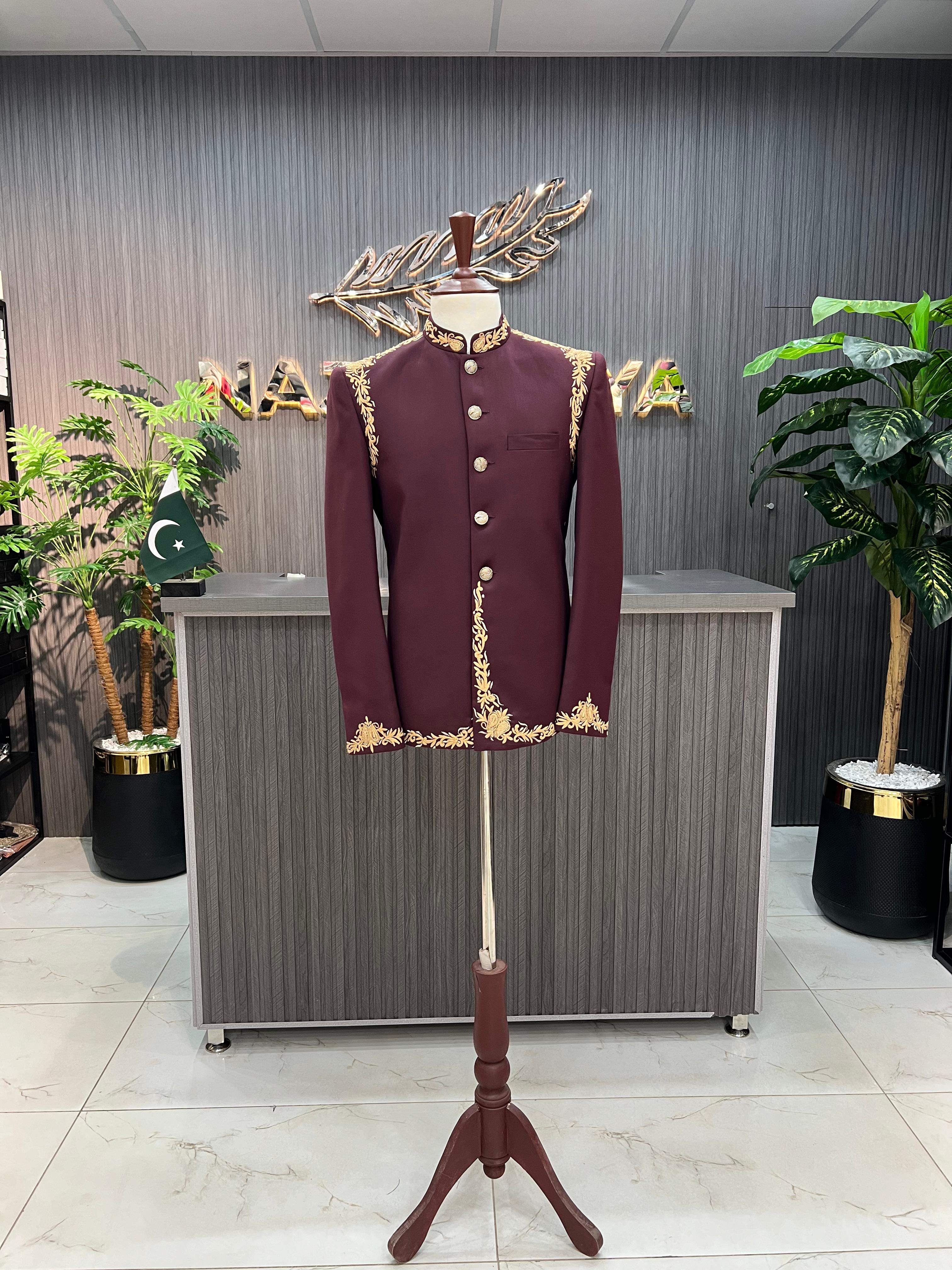 Maroon Stylish Embroidered Prince Coat For Men's Main image