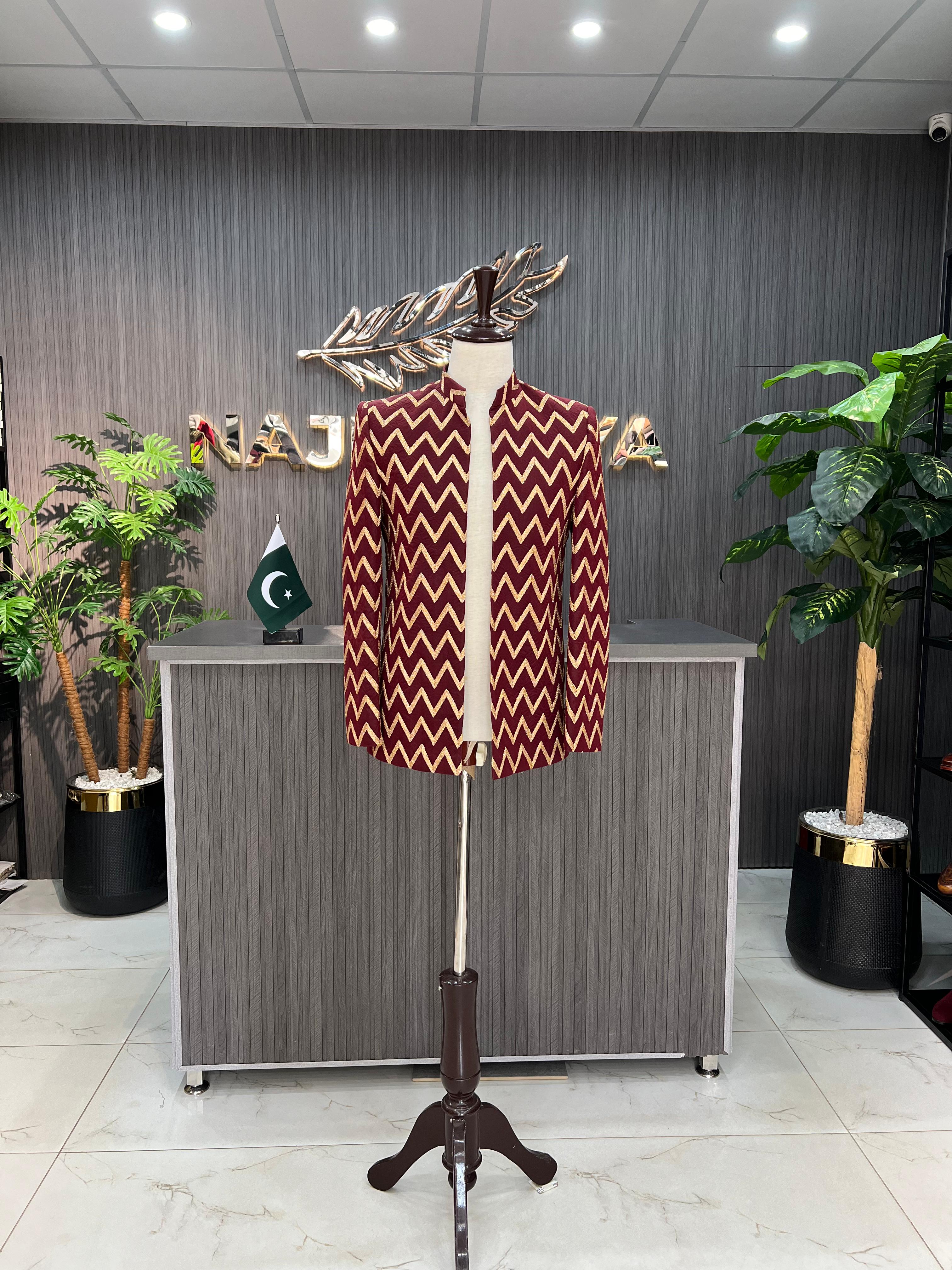 Maroon Embroidered Prince Coat For Men's