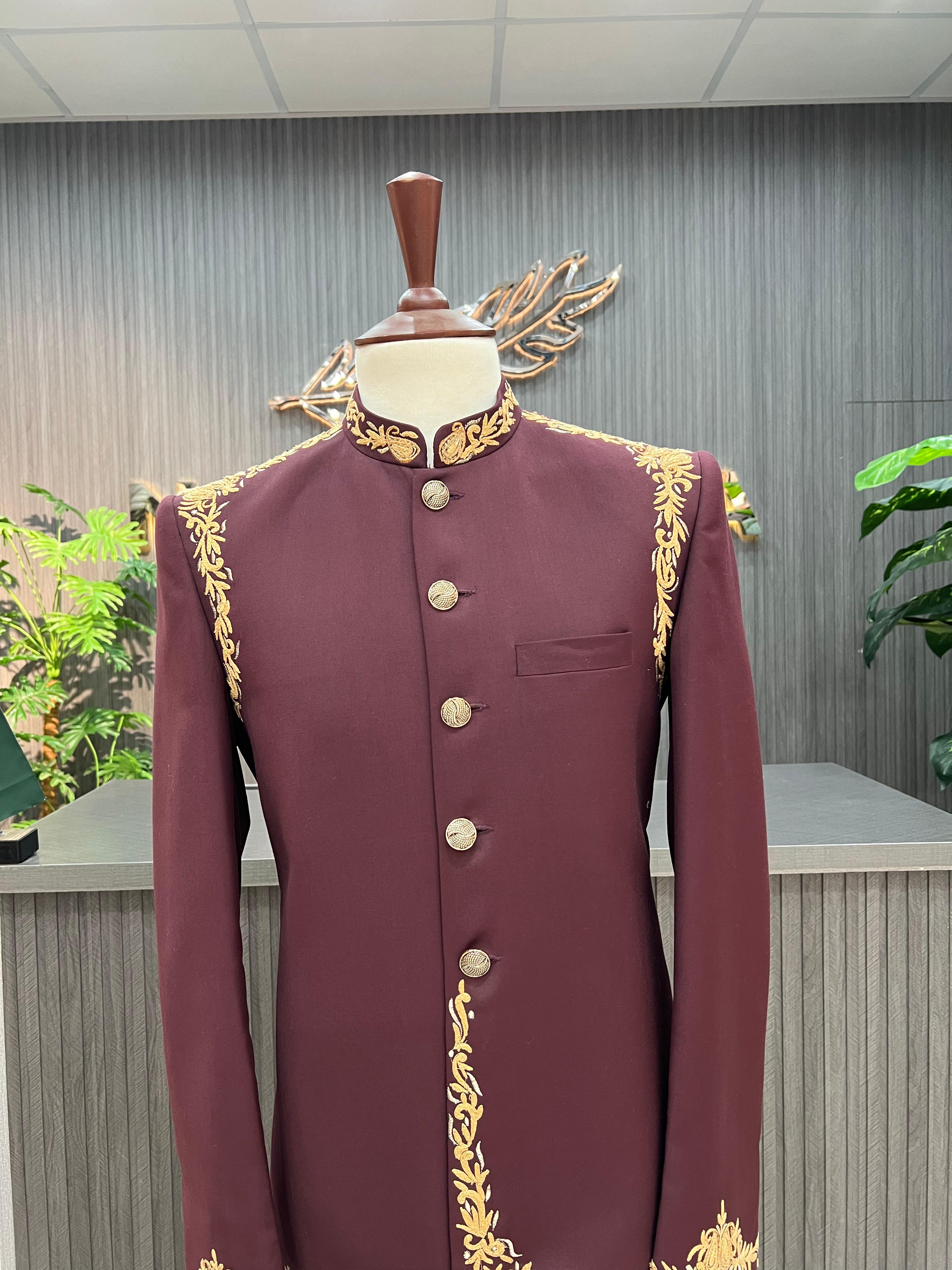Maroon Stylish Embroidered Prince Coat For Men's
