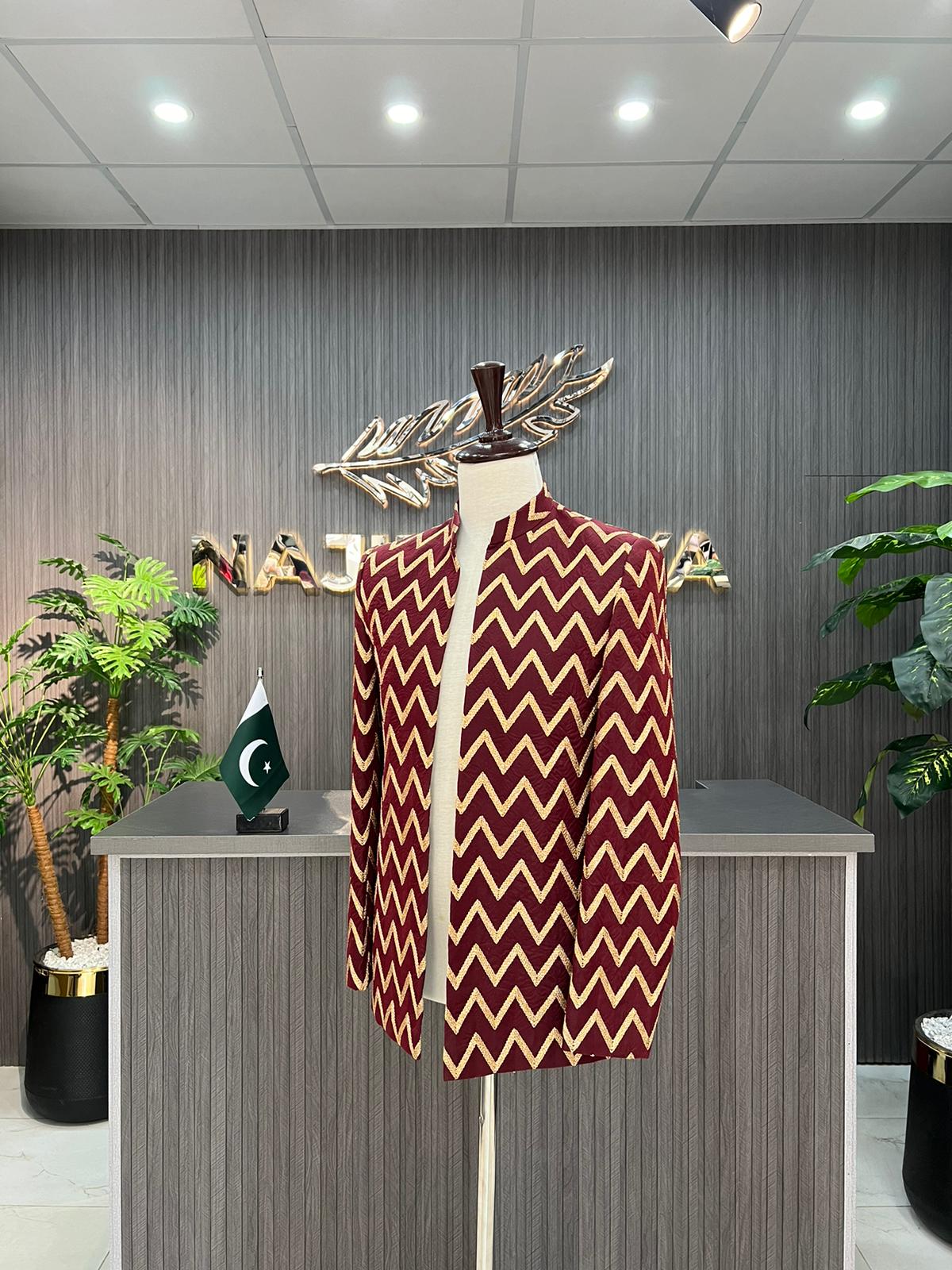 Maroon Embroidered Prince Coat For Men's