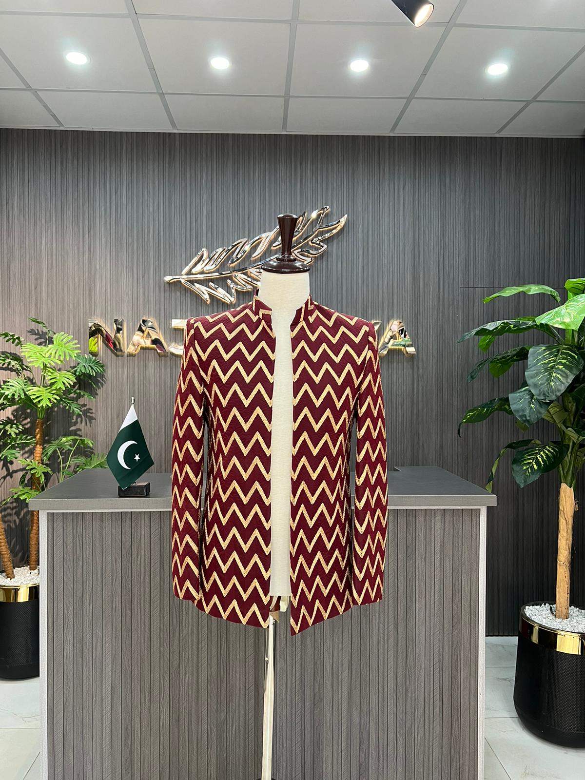 Maroon Embroidered Prince Coat For Men's
