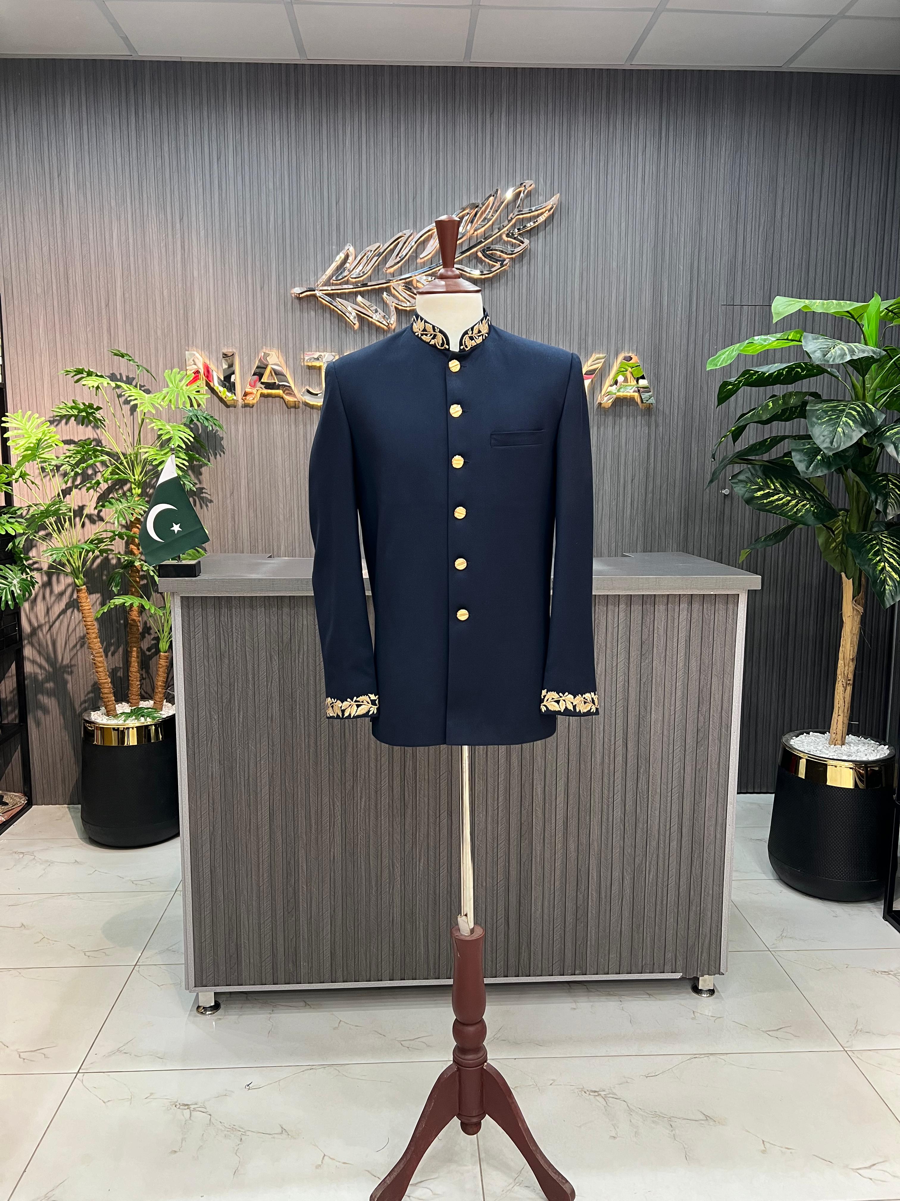 Navy Blue Collar & Sleeves Embroidered Prince Coat For Men's Main image
