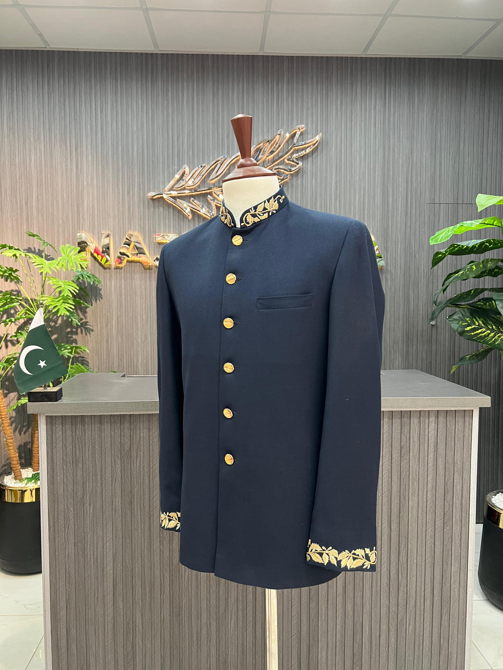 Navy Blue Collar & Sleeves Embroidered Prince Coat For Men's